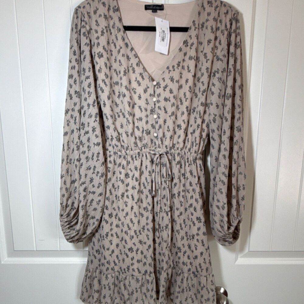 Wishlist apparel Beige Floral Dominique Dress S/M Button Front Long Sleeve Mini
